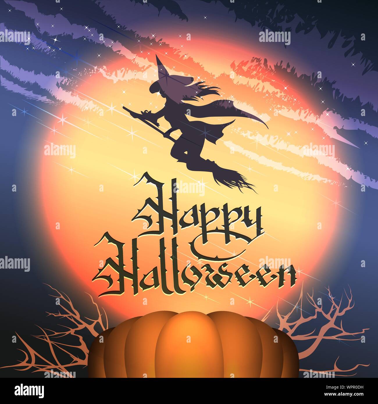 Happy Halloween Background with Pumpkin, Full moon and Flying Witch. Vector Illustration. Stock Vector