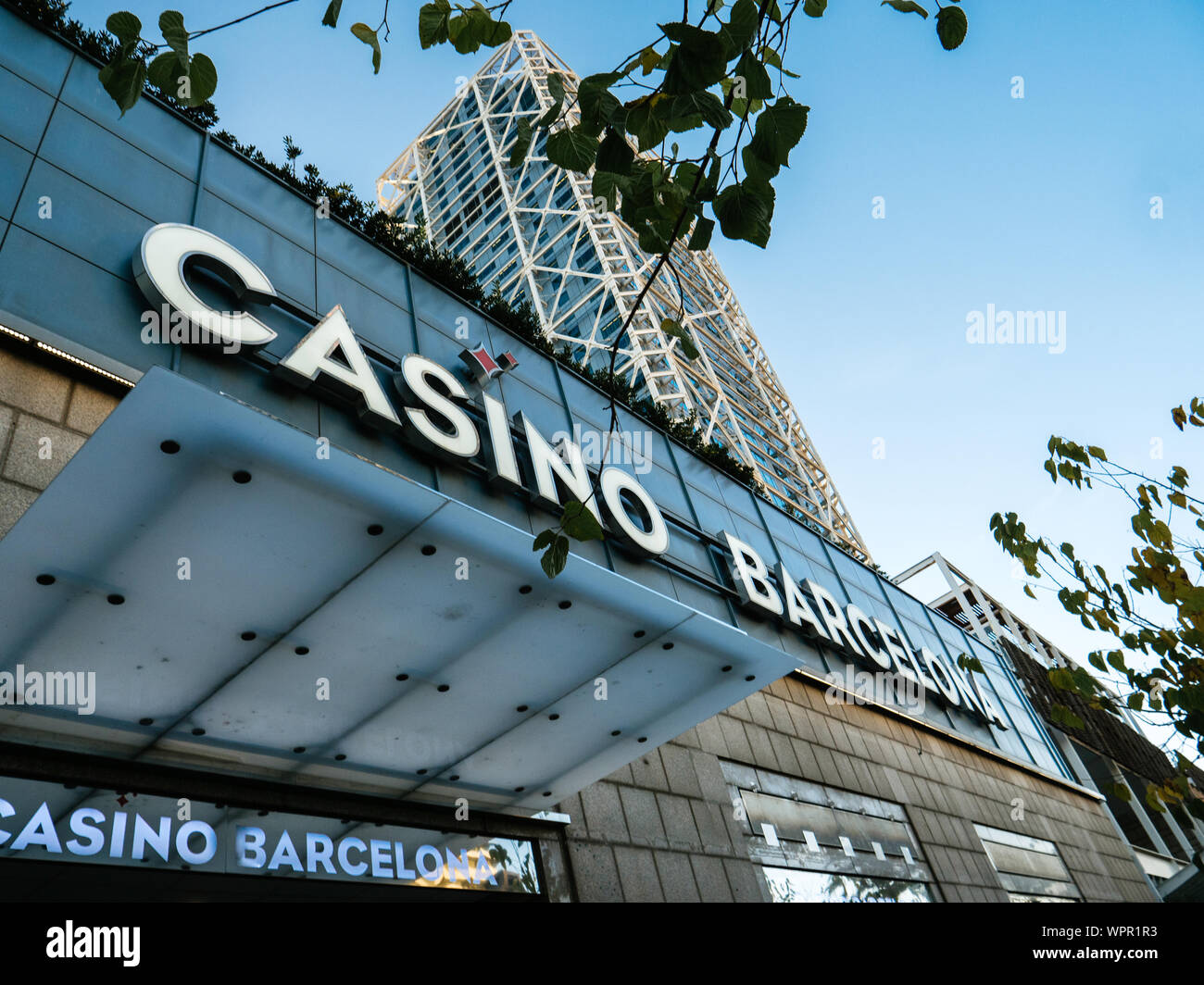 Barcelona, Spain - Nov 15, 2017: Casino Barcelona logotype above the entrance of the gambling place near the Barceloneta beach Stock Photo
