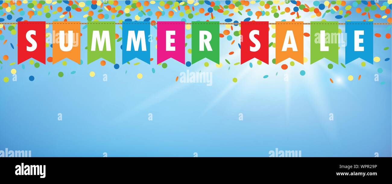 Summer Sale Party Flags Banner With Confetti Rain On Blue Sunny