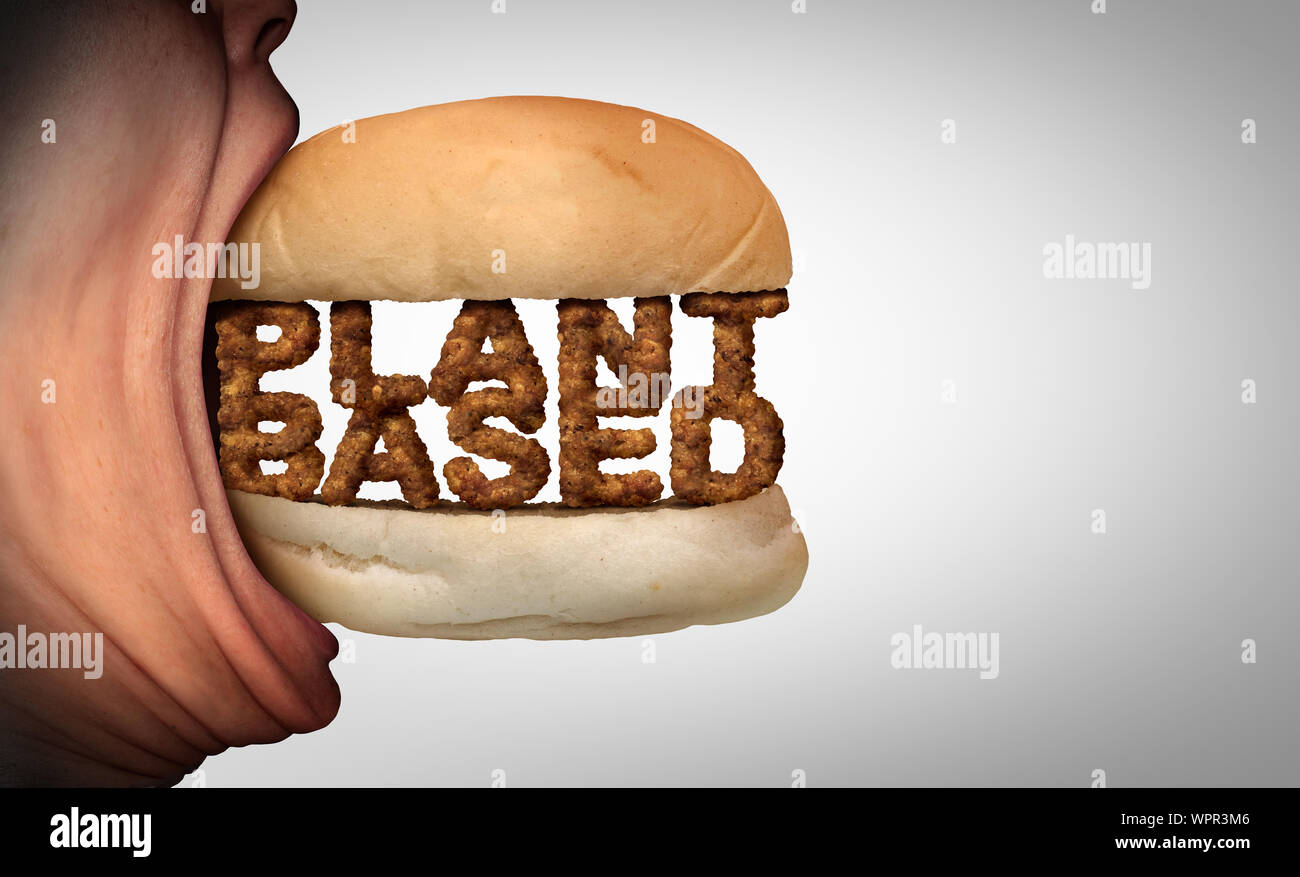 Eating plant based food as a vegan burger or fake meat representing vegetarian protein in a 3D illustration style. Stock Photo