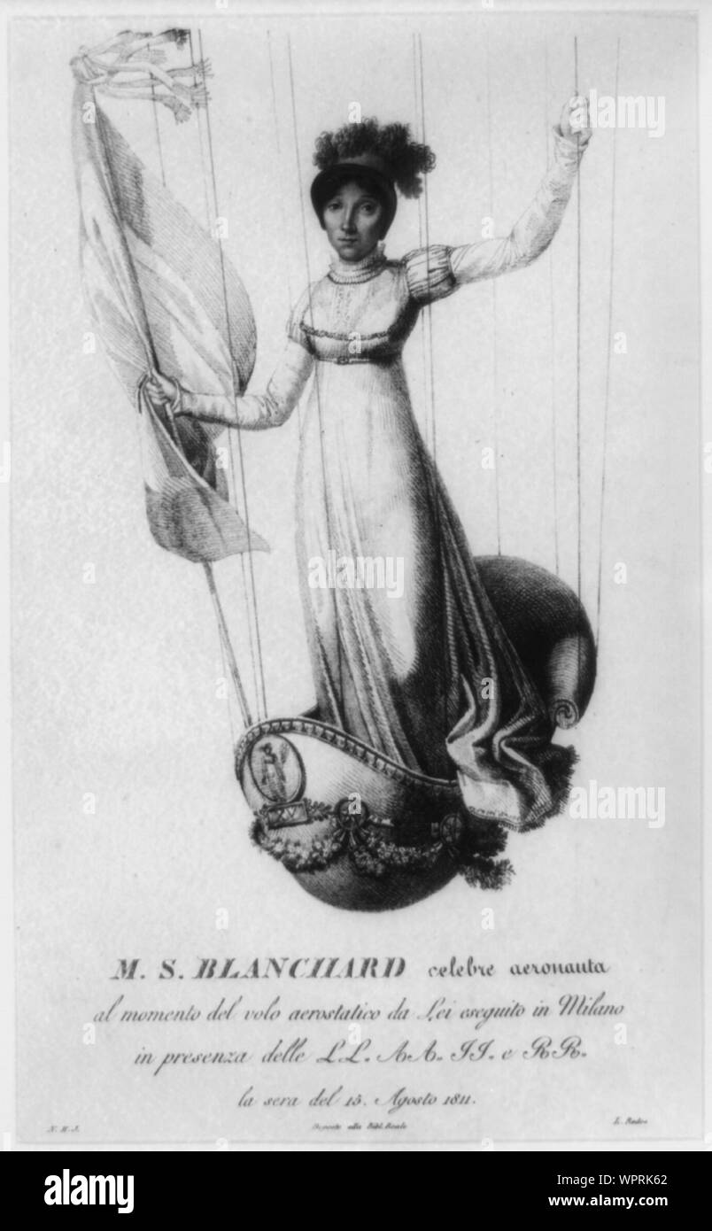 M.S. Blanchard, celebre aeronauta, al momento del volo aerostatico da Lei eseguito in Milano in presenza delle LL. AA. II. e RR. la sera del 15 agosto 1811; Full-length portrait of French balloonist Marie-Madeleine-Sophie Armand Blanchard, standing in the decorated basket of her balloon during her flight in Milan, Italy, in 1811, in the presence of the imperial and royal highness.; Stock Photo