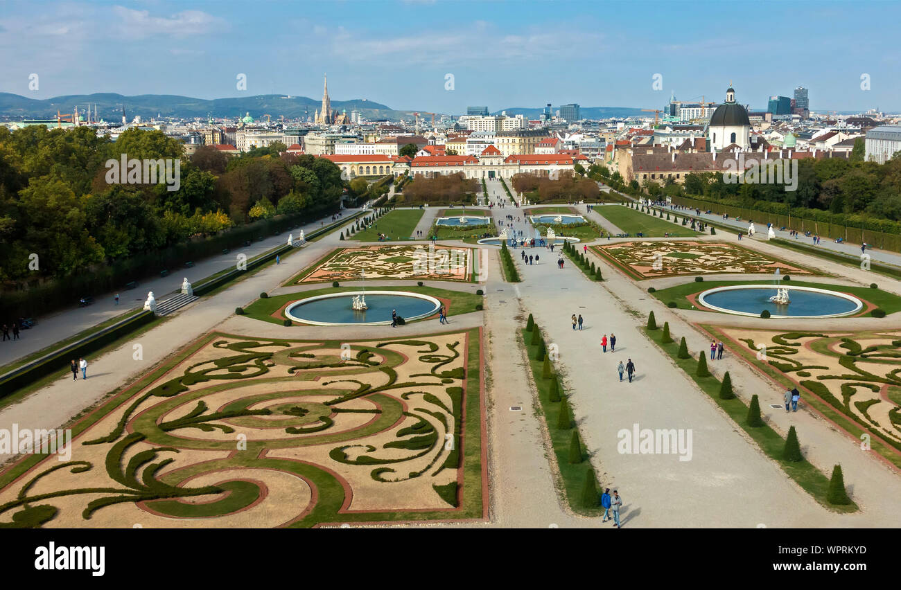Belvedere Palace grounds and Lower Belvedere viewed from Upper Belvedere. Vienna, Austria Stock Photo