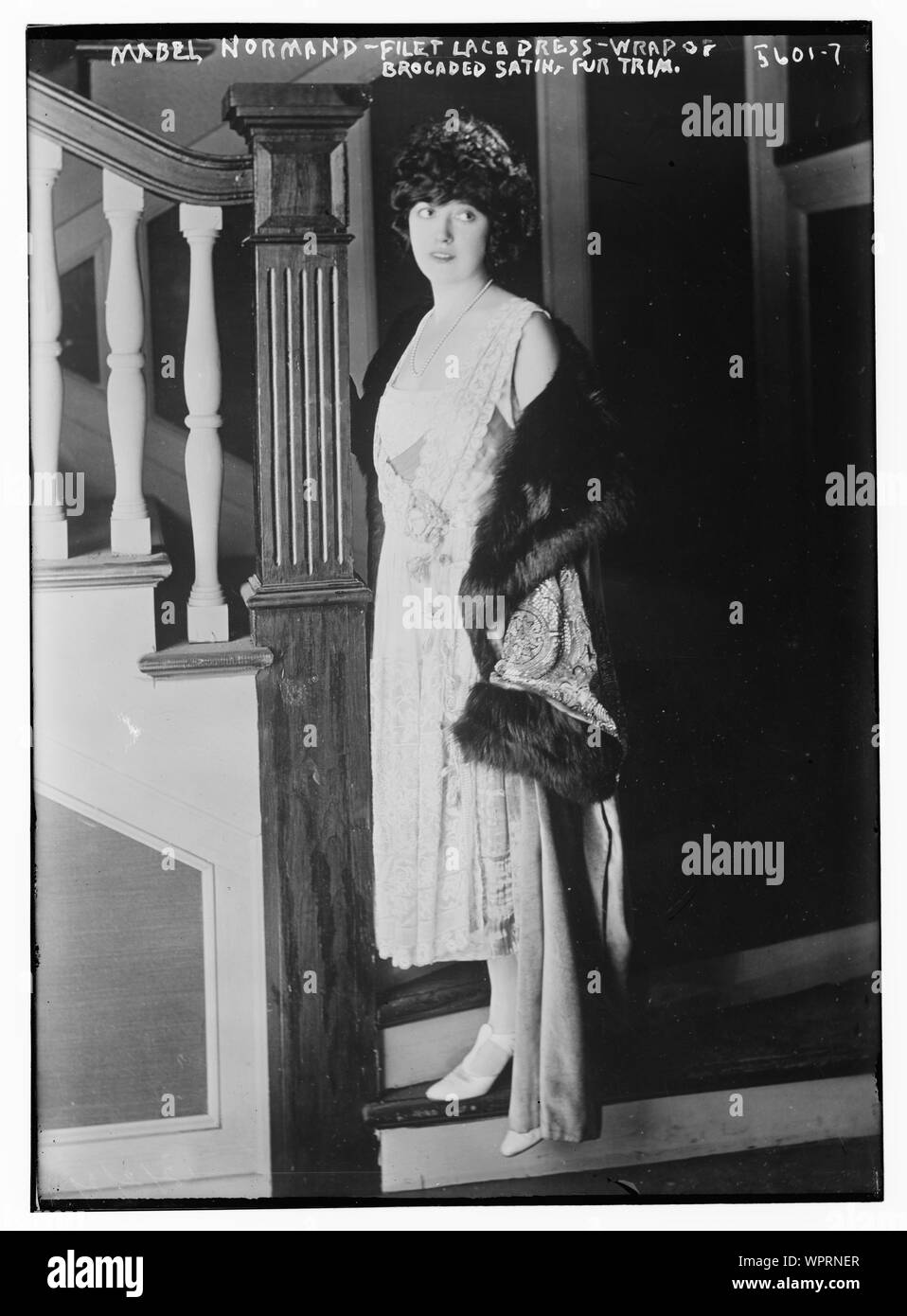 Mabel Normand - filet lace dress - wrap of brocaded satin fur trim Stock Photo