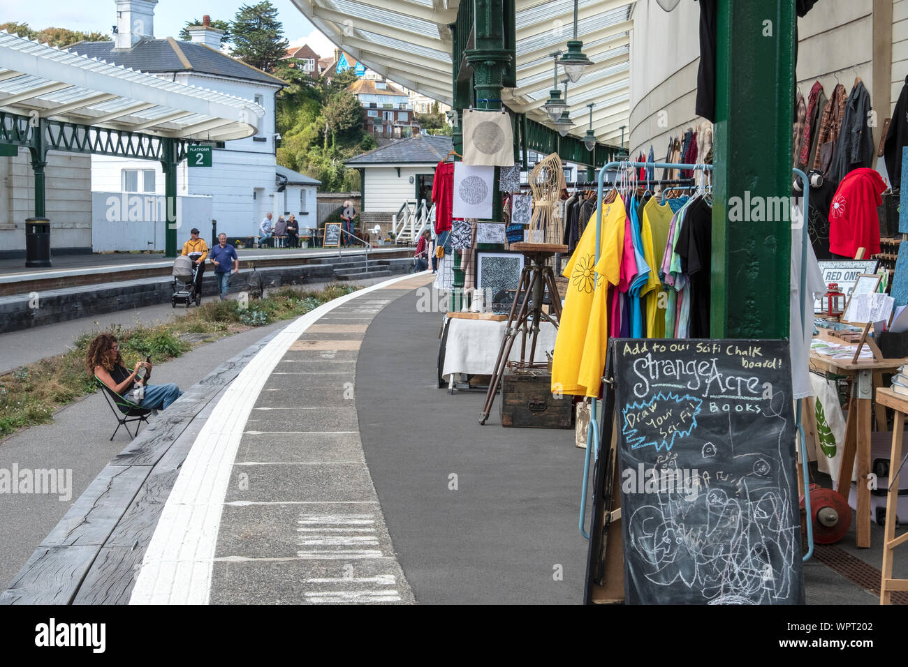 Sunday market stalls on the platform of the old Folkestone Harbour station, which officially closed in 2014, Kent, UK Stock Photo