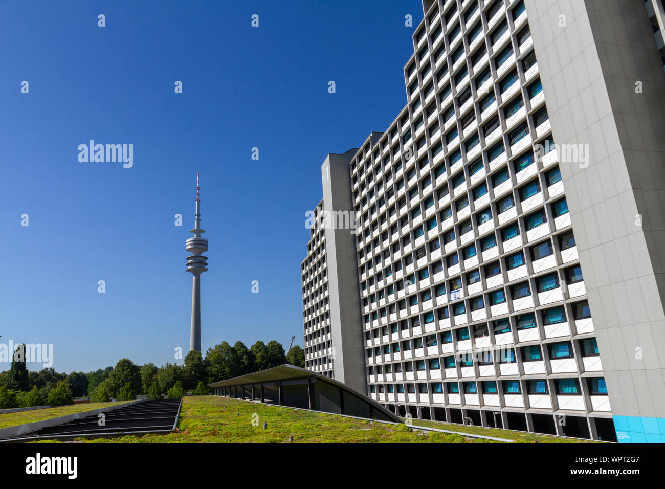 General view of the 1972 Olympic Village today with the Olympiaturm (Olympic Tower), Munich, Bavaria, Germany. Stock Photo