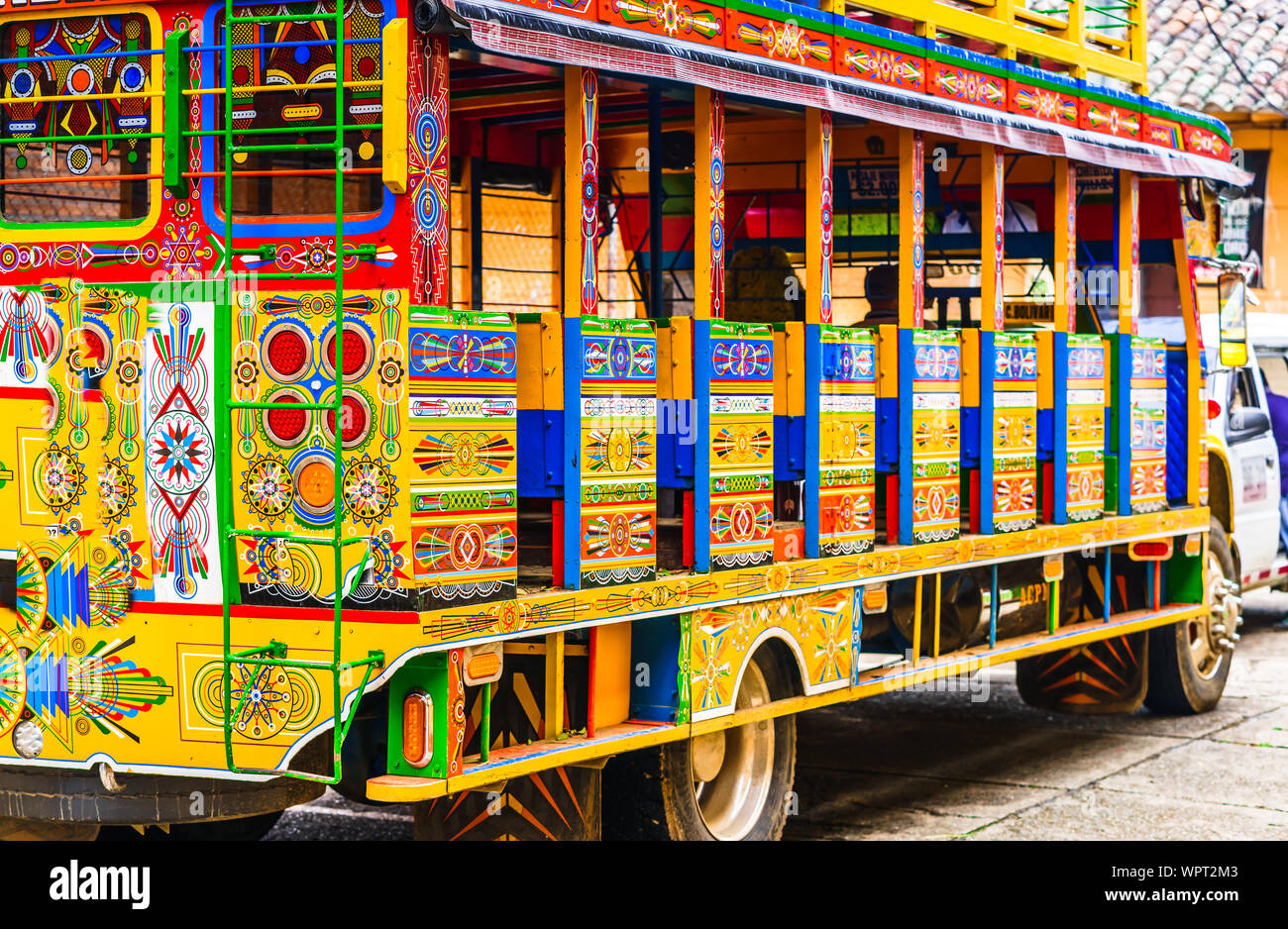 Typical colorful chicken bus near Jerico Antioquia, Colombia, South America Stock Photo