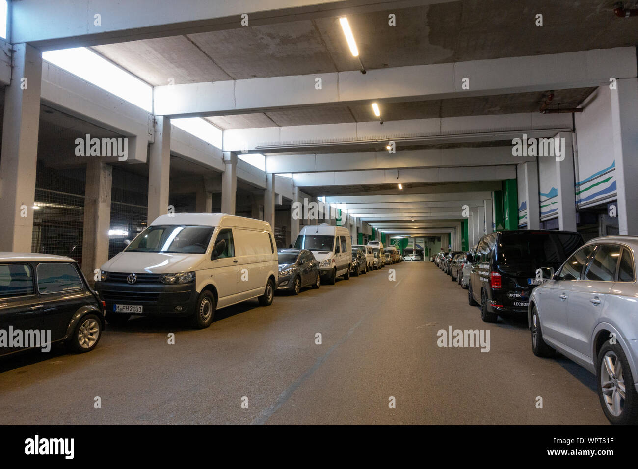General view of part of the underground road and parking area of the 1972 Olympic Village today, Munich, Bavaria, Germany. Stock Photo