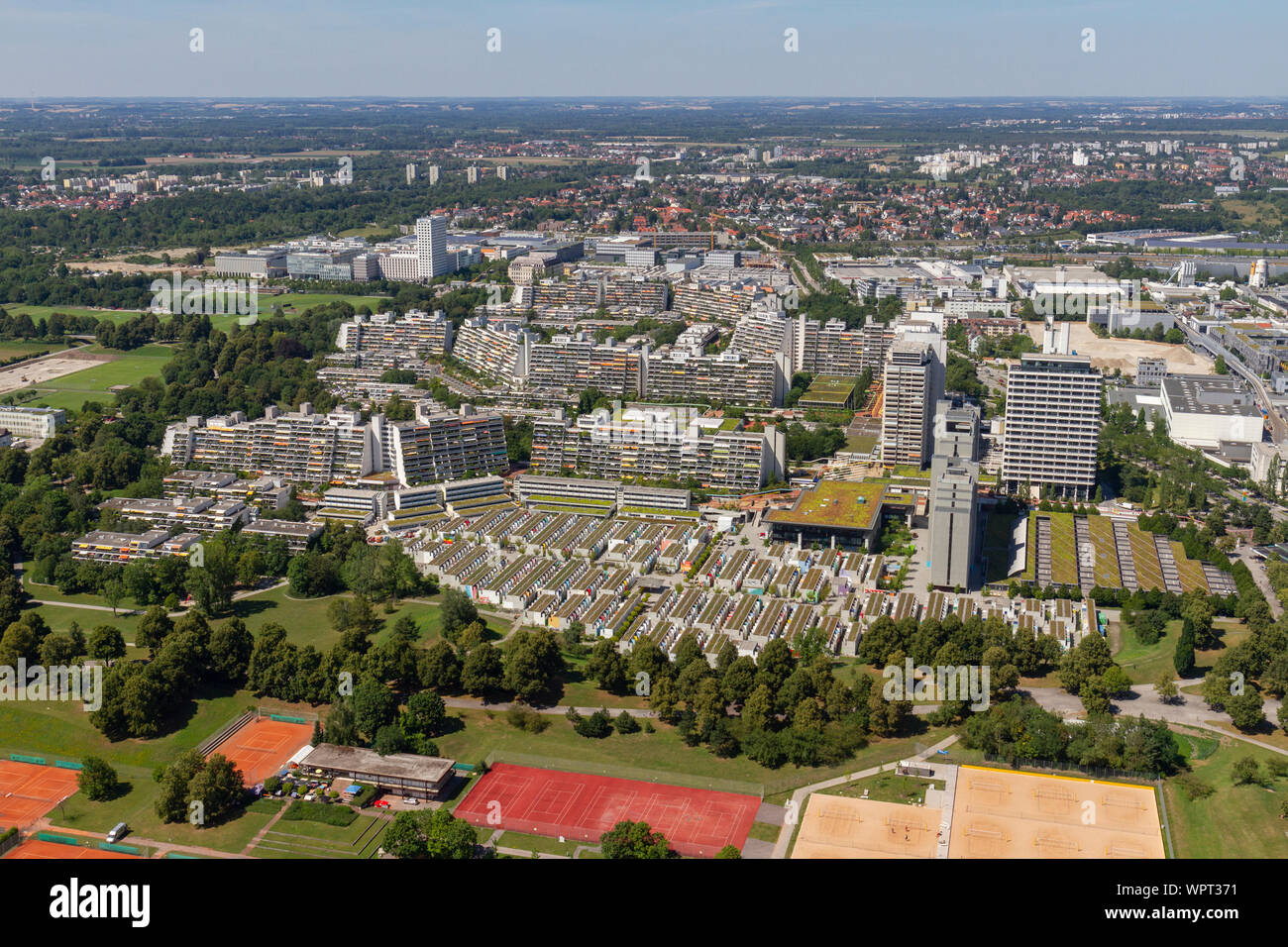 View of the 1972 Olympic Village from the Olympiaturm (Olympic Tower), Munich, Bavaria, Germany. Stock Photo