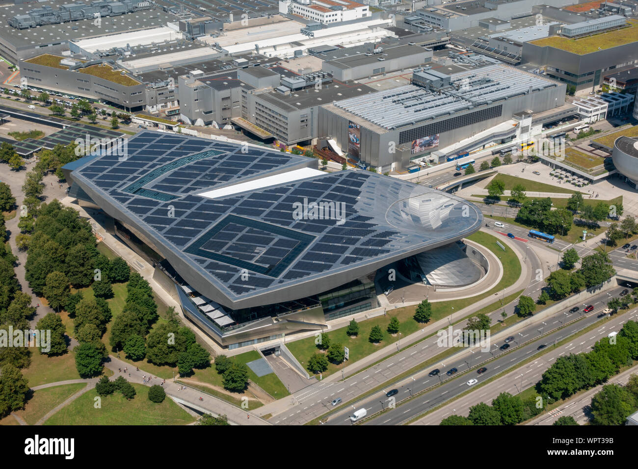 View of the BMW Welt showroom and factory from the Olympiaturm (Olympic Tower), Munich, Bavaria, Germany. Stock Photo