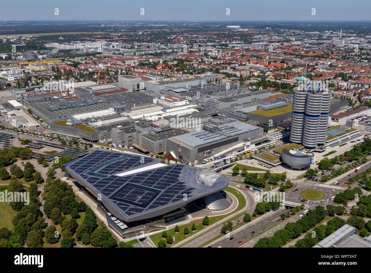 The BMW Museum viewed from the Olympiaturm (Olympic Tower), Munich, Bavaria, Germany. Stock Photo