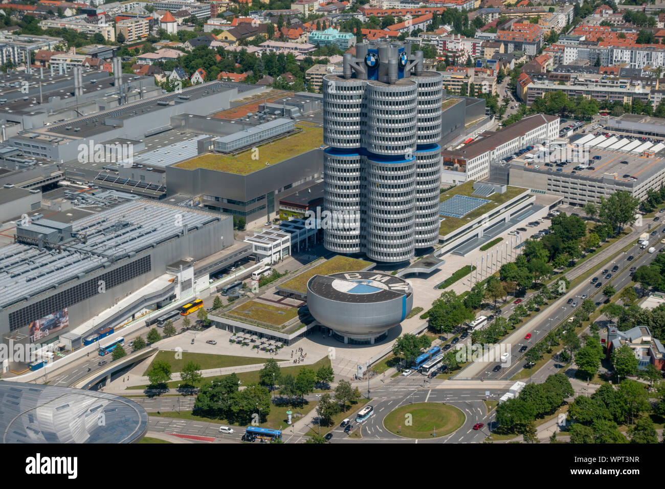 The BMW Museum viewed from the Olympiaturm (Olympic Tower), Munich, Bavaria, Germany. Stock Photo