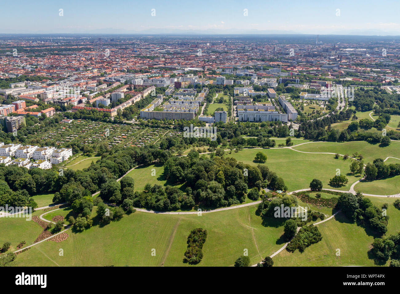 View of the housing and park area south of the Olympiaturm (Olympic Tower), Munich, Bavaria, Germany. Stock Photo