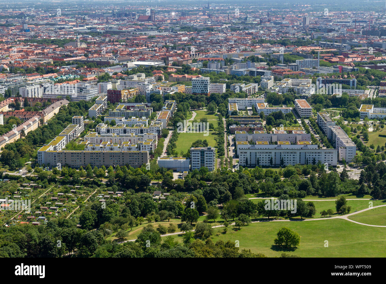 View of the housing and park area south of the Olympiaturm (Olympic Tower), Munich, Bavaria, Germany. Stock Photo