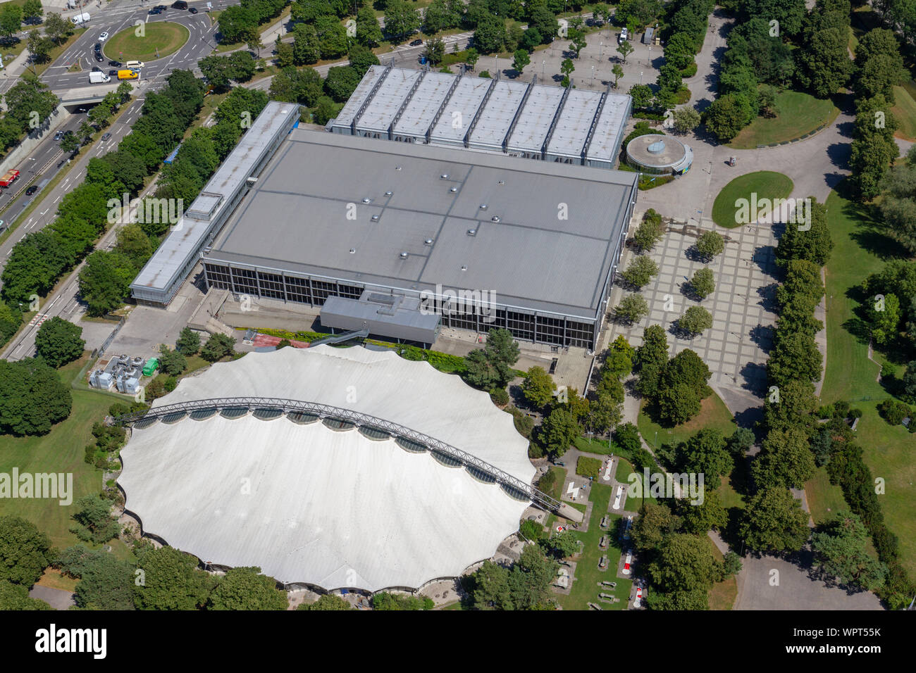 The SoccArena and Olympia Eishalle from the Olympiaturm (Olympic Tower), Munich, Bavaria, Germany. Stock Photo
