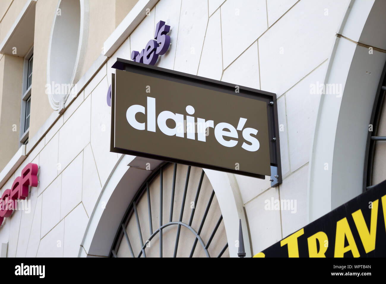 Los Angeles, California, United States - 02-22-2019: A view of a store front sign for the jewelry company known as Claire's. Stock Photo