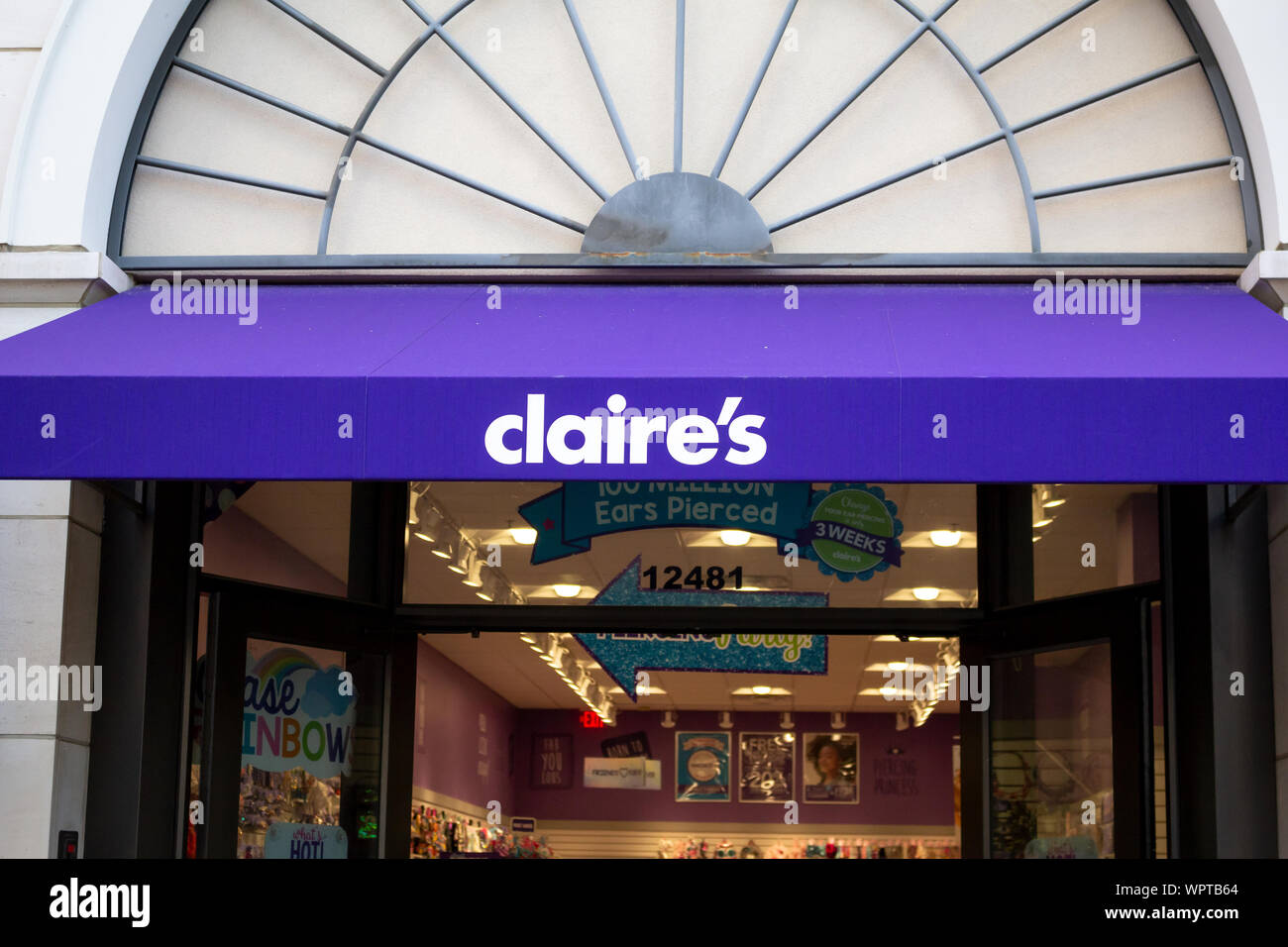 Los Angeles, California, United States - 02-27-2019: A view of a store front sign for the accessories shop known as Claire's. Stock Photo
