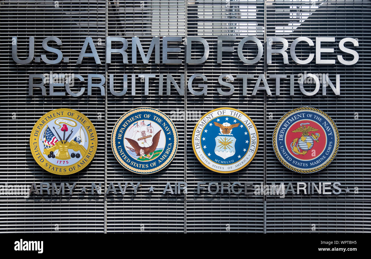 United States Armed Forces Recruitment Signs and Emblems, Times Square, New York, USA Stock Photo