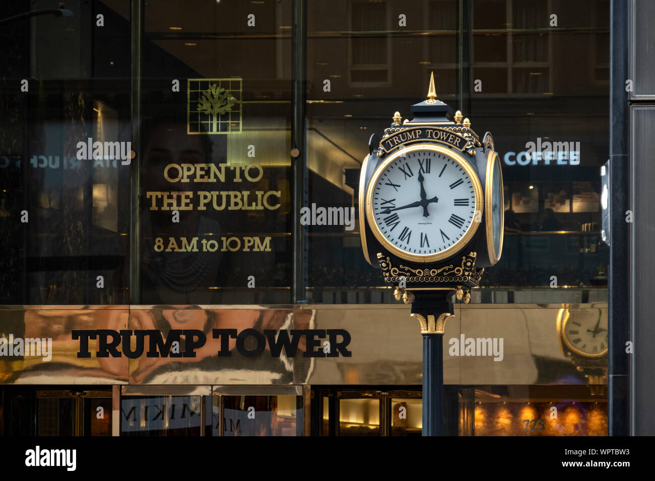 Trump Tower Clock and Entrance to Trump Towers, 5th Avenue, New York, USA Stock Photo
