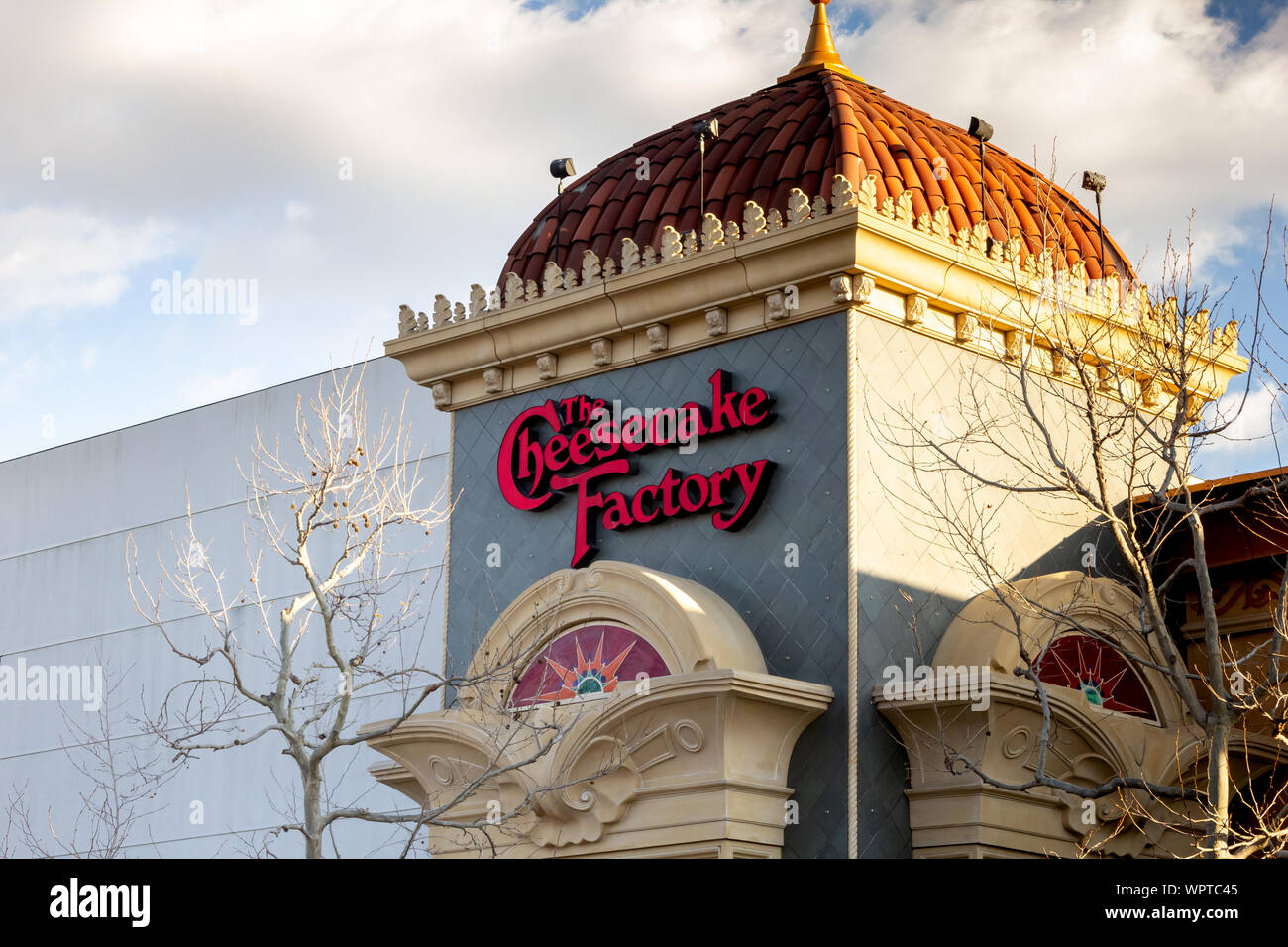 Los Angeles, California, United States - 02-22-2019: A view of a store front sign for the family chain restaurant known as The Cheesecake Factory. Stock Photo