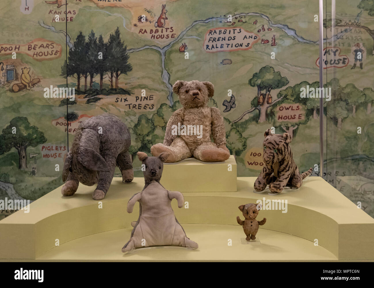 Original Winnie the Pooh Characters in Display Case, New York Public Library, Manhattan, New York, USA Stock Photo