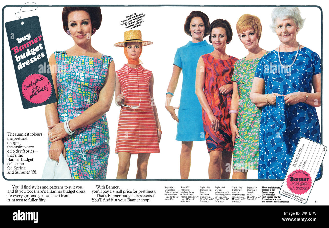 1968 British advertisement for Banner budget dresses. Stock Photo
