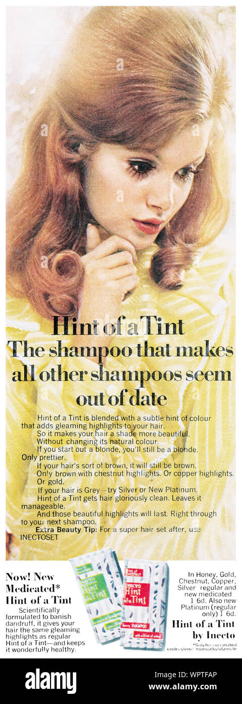 1969 British advertisement for Hint Of A Tint shampoo. Stock Photo