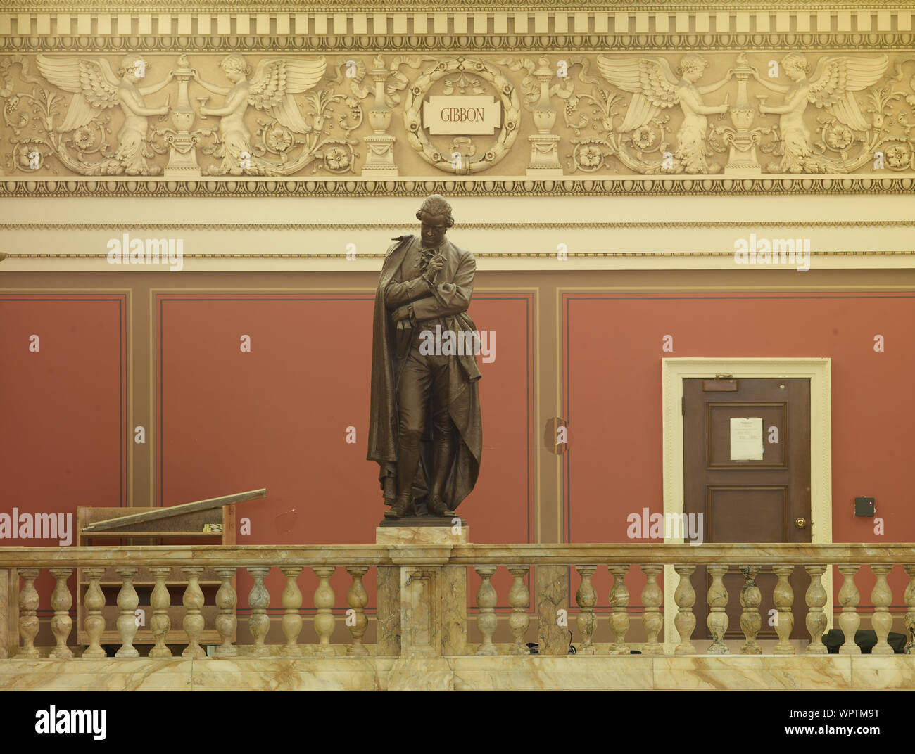 Main Reading Room. Portrait statue of Gibbon along the balustrade. Library of Congress Thomas