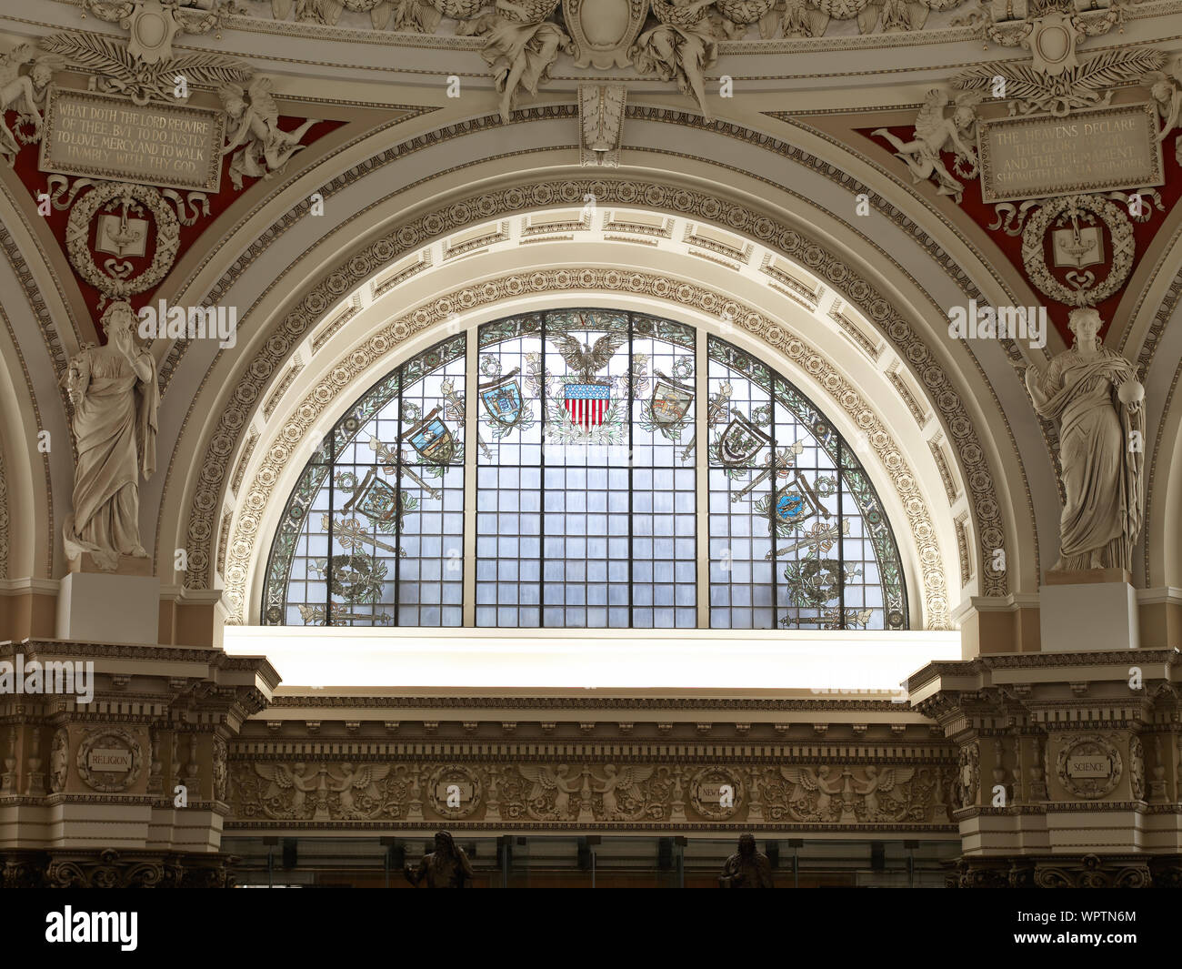 Main Reading Room. Semicircular stained glass window in alcove by H.T