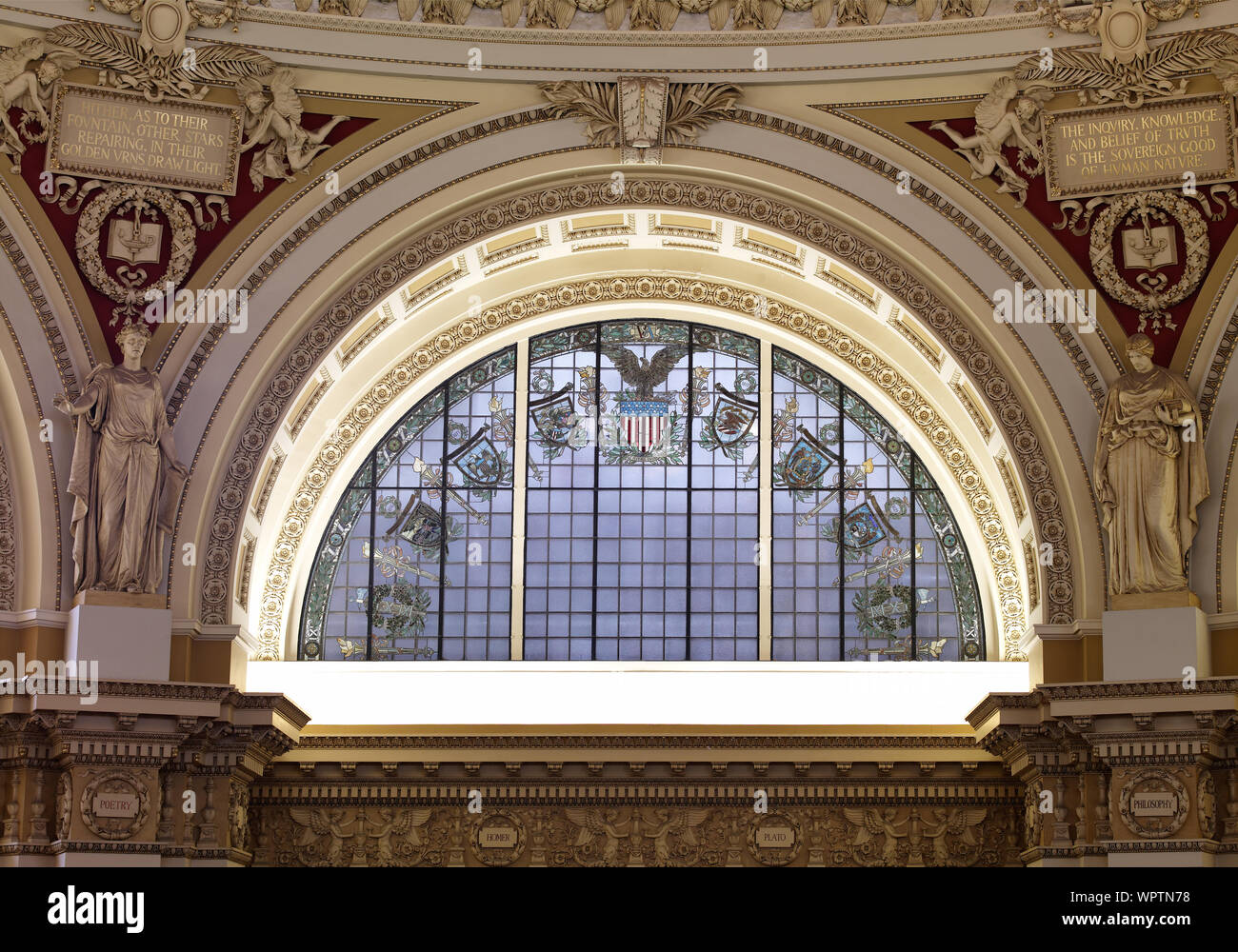 Main Reading Room. Semicircular stained glass window in alcove by H.T