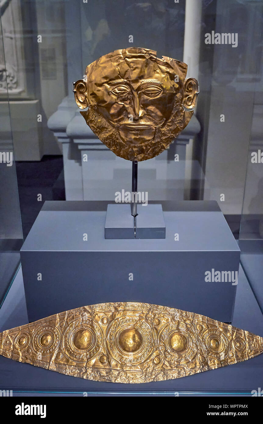 Mask of Agamemnon / The tiara of the 16th century B.C., Mycenae, Greece, National Archaeological Museum, Athens, Gillieron, 1914, in embossed metal Stock Photo