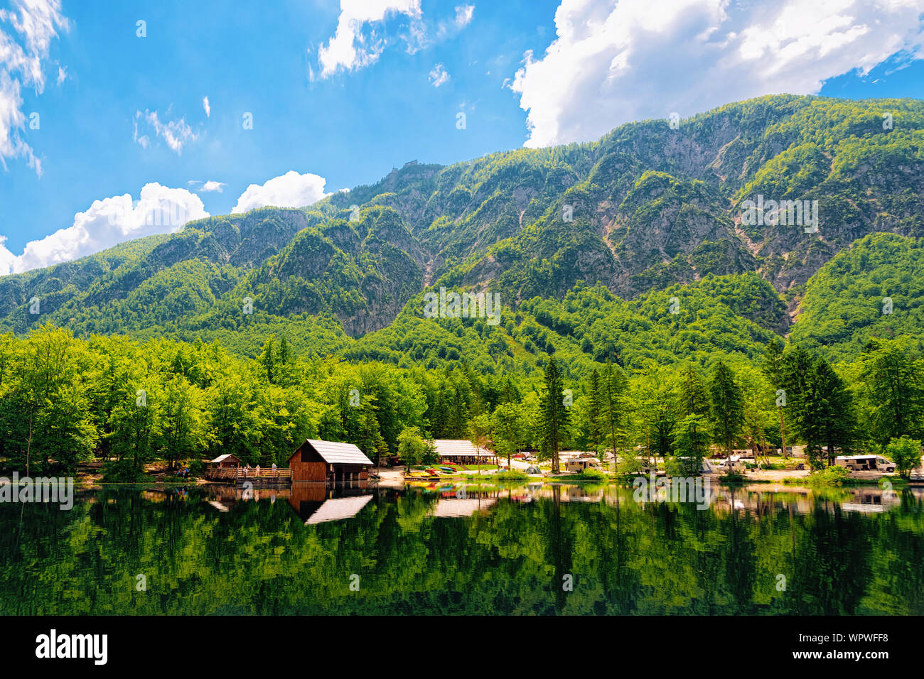Camping of RV caravan trailers near Bohinj Lake of Slovenia Stock Photo -  Alamy