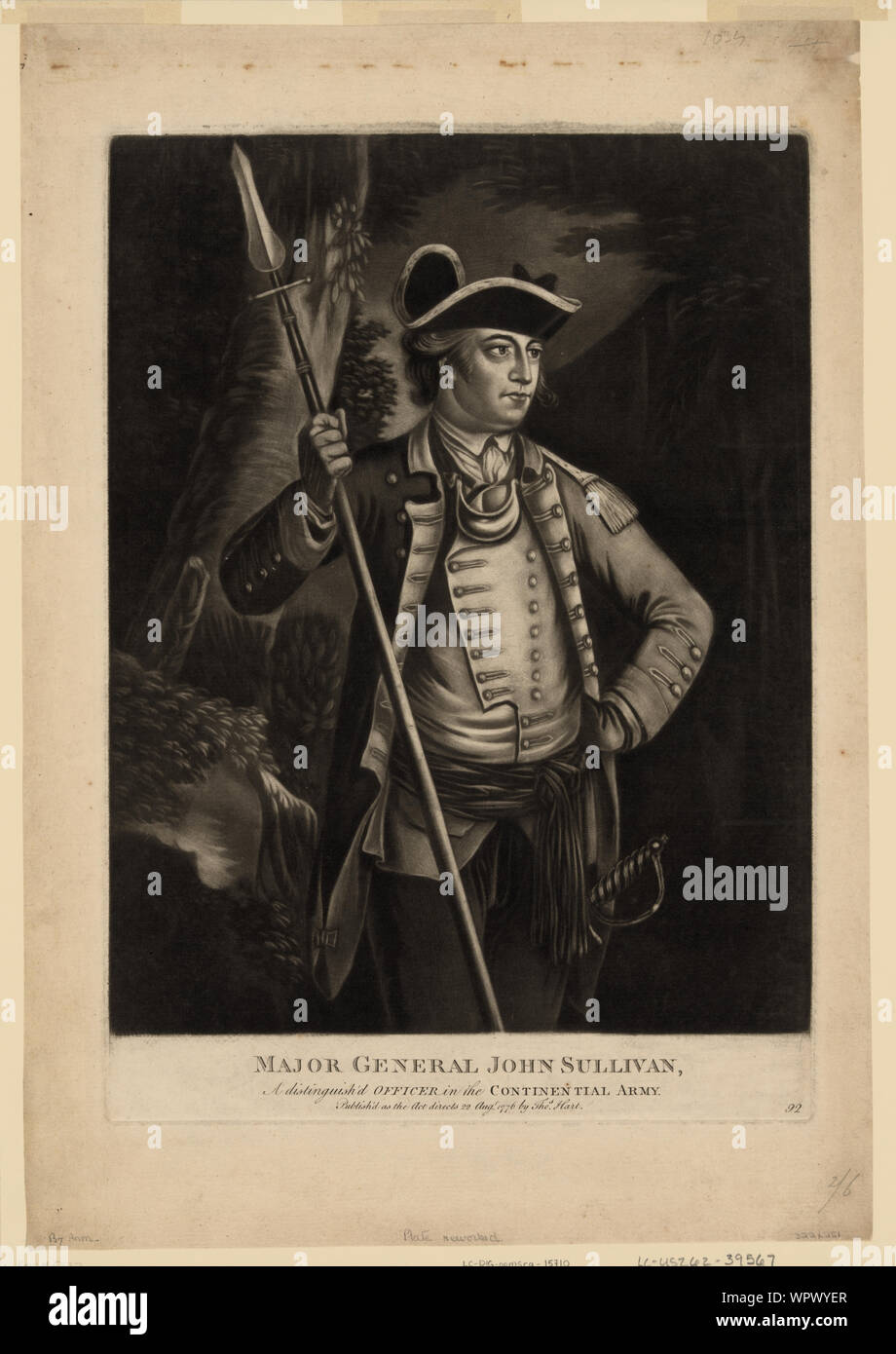 Major general John Sullivan, a distinguish'd officer in the Continential [sic] Army Abstract: Print shows John Sullivan, three-quarter length portrait, wearing military uniform, standing, facing right, holding spear in right hand, left hand on hip. Stock Photo