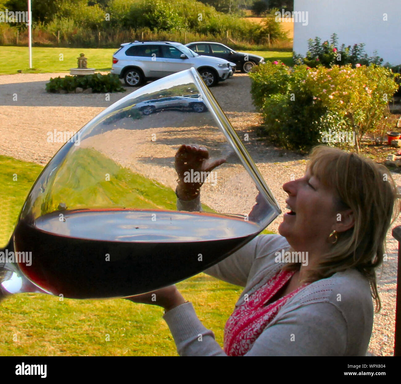 Optical Illusion Of Woman Drinking Red Wine From Large Glass Stock Photo -  Alamy