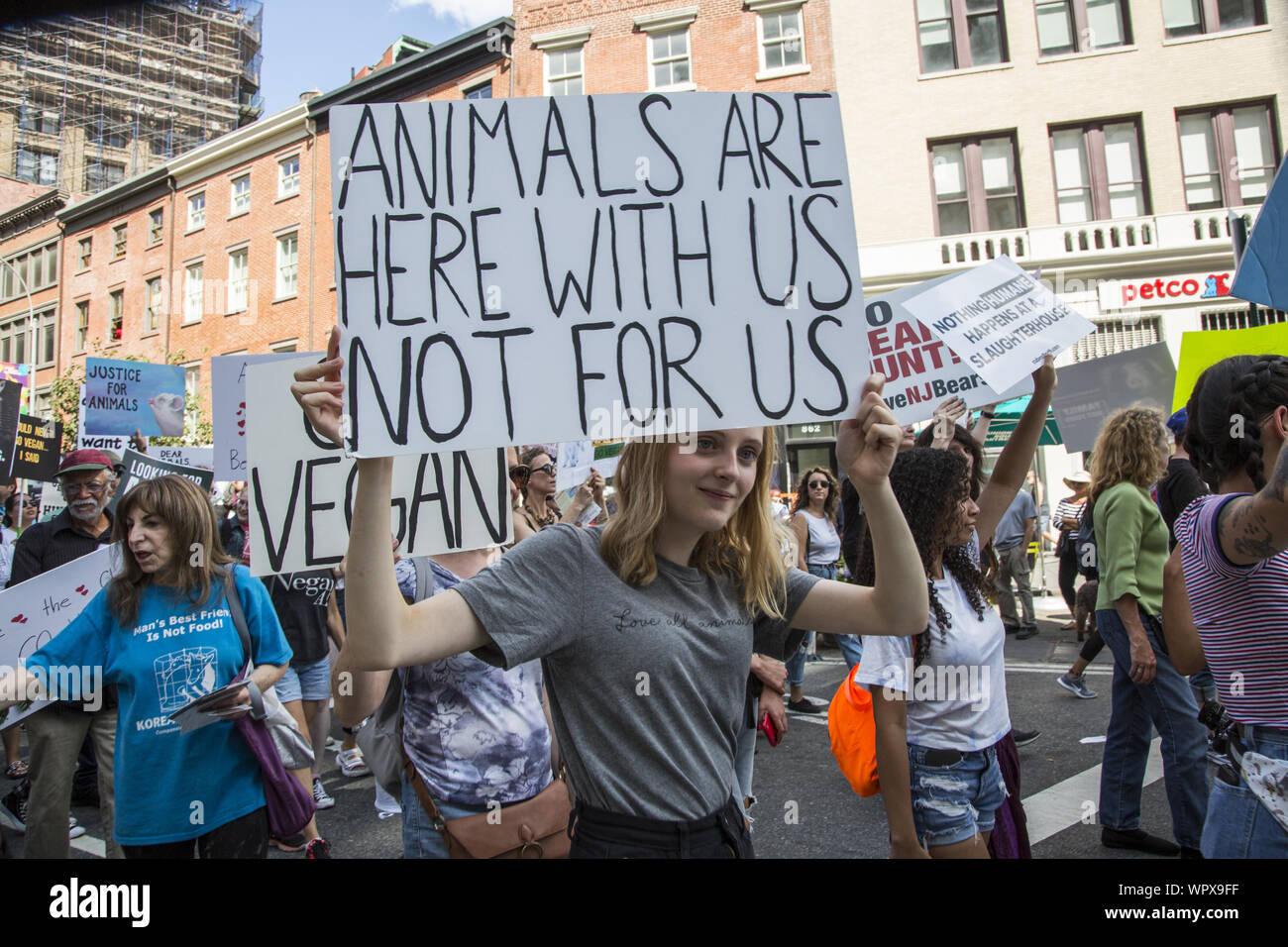 The Official Animal Rights March on August 24, 2019 filled Broadway at the Flatiron Building and marched to Tompkins Square Park in New York City. It called for the protection of all animals and to also 'Go Vegan' for the good of the planet. Stock Photo