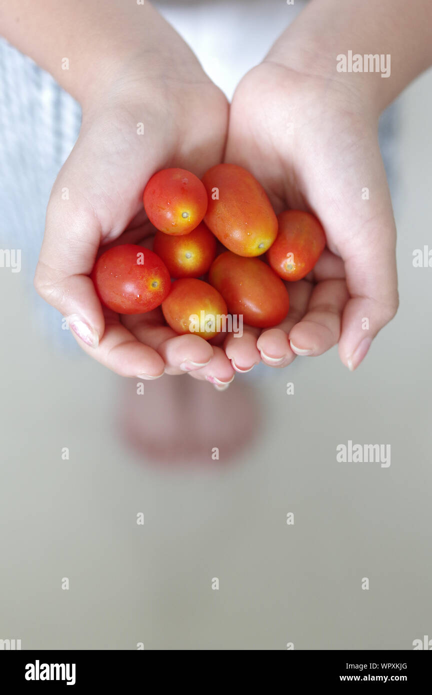 Girl holding the cherry tomatoes Stock Photo - Alamy