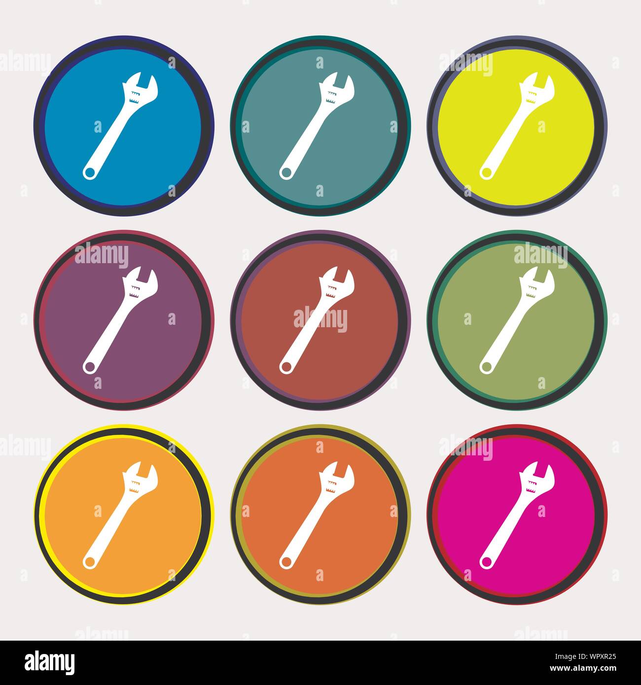 wrench icon sign. Nine multi colored round buttons. Vector Stock Vector