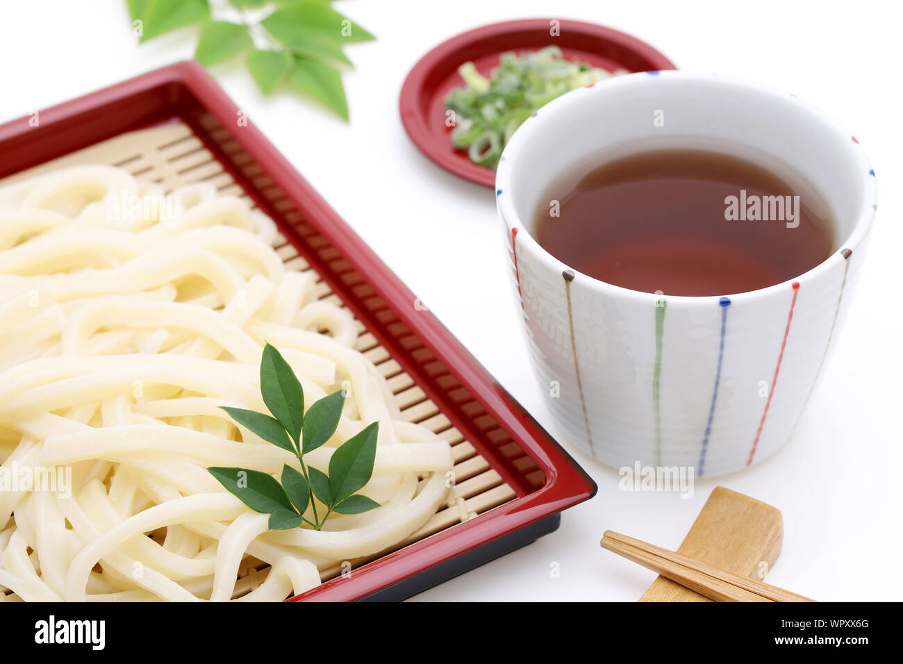 Japanese chilled zaru udon noodles in a plate with Mentuyu Stock Photo