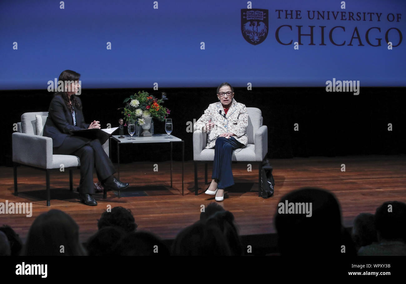 Chicago, USA. 9th Sep 2019. U.S. Supreme Court Justice Ruth Bader Ginsburg speaks at the University of Chicago in Chicago on Monday, September 9, 2019. Photo by Kamil Krzaczynski/UPI Credit: UPI/Alamy Live News Stock Photo