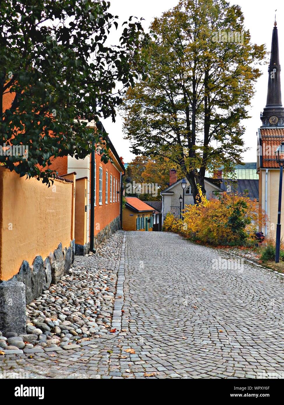 Tranquil Town Street With Cobble Stone Stock Photo