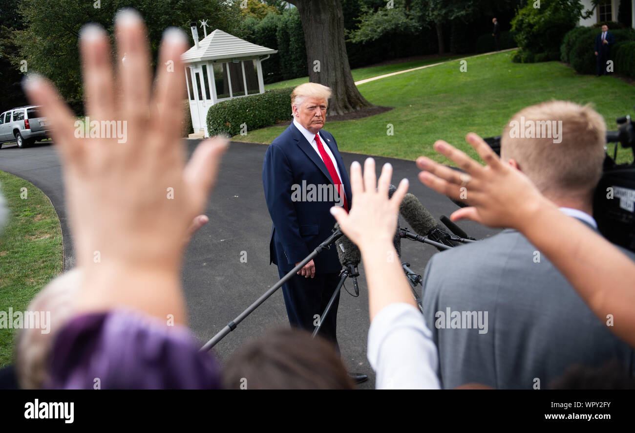 Washington DC, USA. 9th Sep 2019. President Donald Trump speaks to the media as he departs the White House for a rally in North Carolina, in Washington, DC on Monday, September 9, 2019. Photo by Kevin Dietsch/UPI Credit: UPI/Alamy Live News Stock Photo