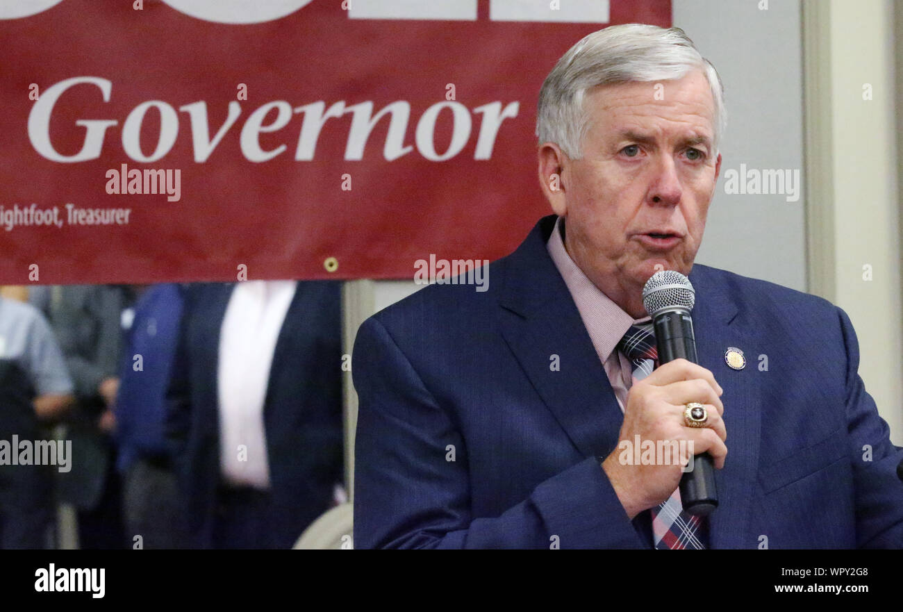 Creve Coeur, Missouri, USA. 9th Sep 2019. Missouri Governor Mike Parson announces he will be seeking another term as Governor, during a campaign stop in Creve Coeur, Missouri on Monday, September 9, 2019. Parson formally announced in his hometown of Bolivar, Missouri on September 8, 2019 and has spent the day announcing in several locations around the state. Photo by Bill Greenblatt/UPI. Credit: UPI/Alamy Live News Stock Photo