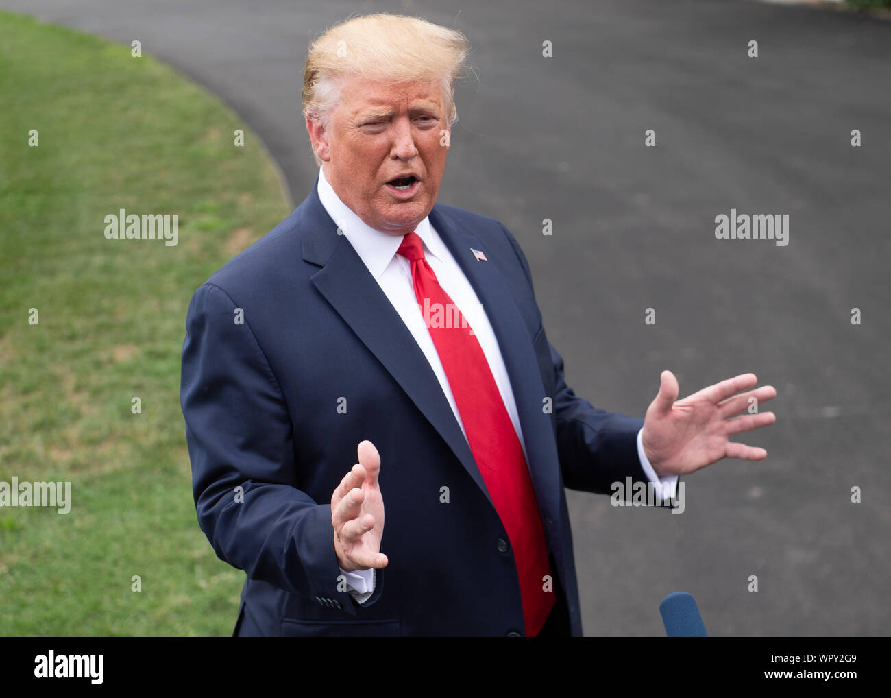 Washington DC, USA. 9th Sep 2019. President Donald Trump speaks to the media as he departs the White House for a rally in North Carolina, in Washington, DC on Monday, September 9, 2019. Photo by Kevin Dietsch/UPI Credit: UPI/Alamy Live News Stock Photo