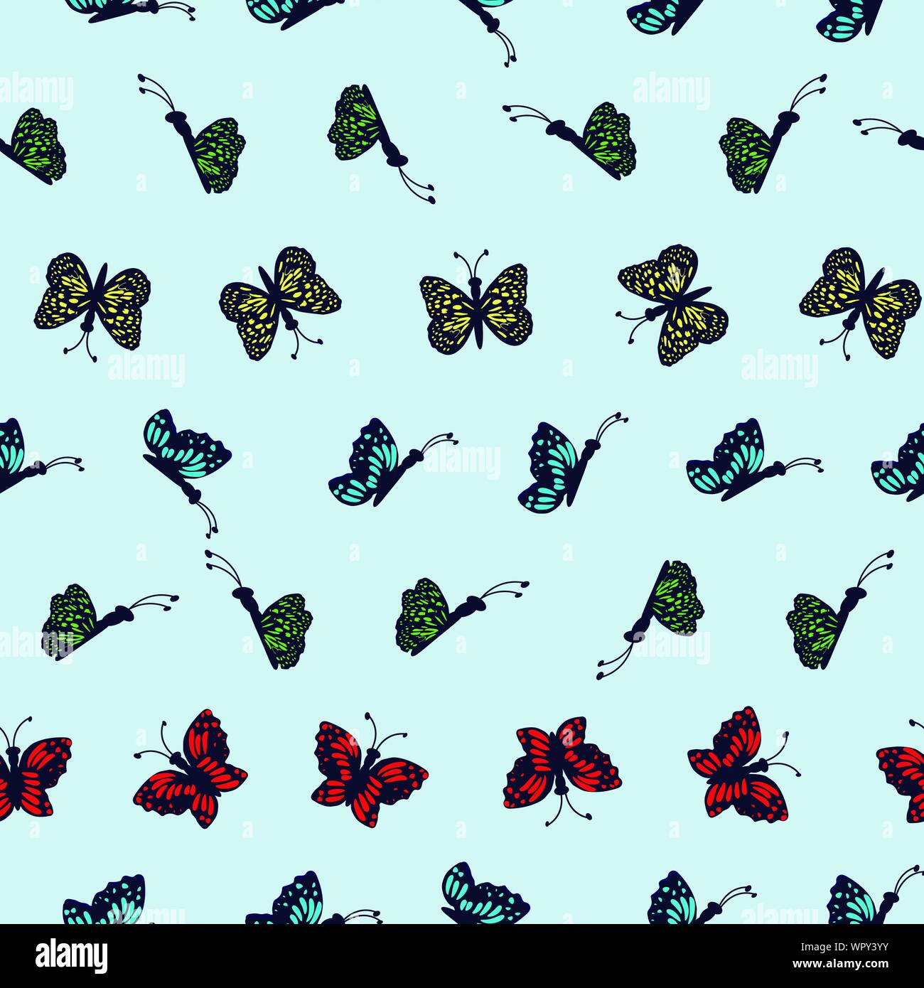 Hand drawn multi colored butterflies on a light blue background. Stock Vector