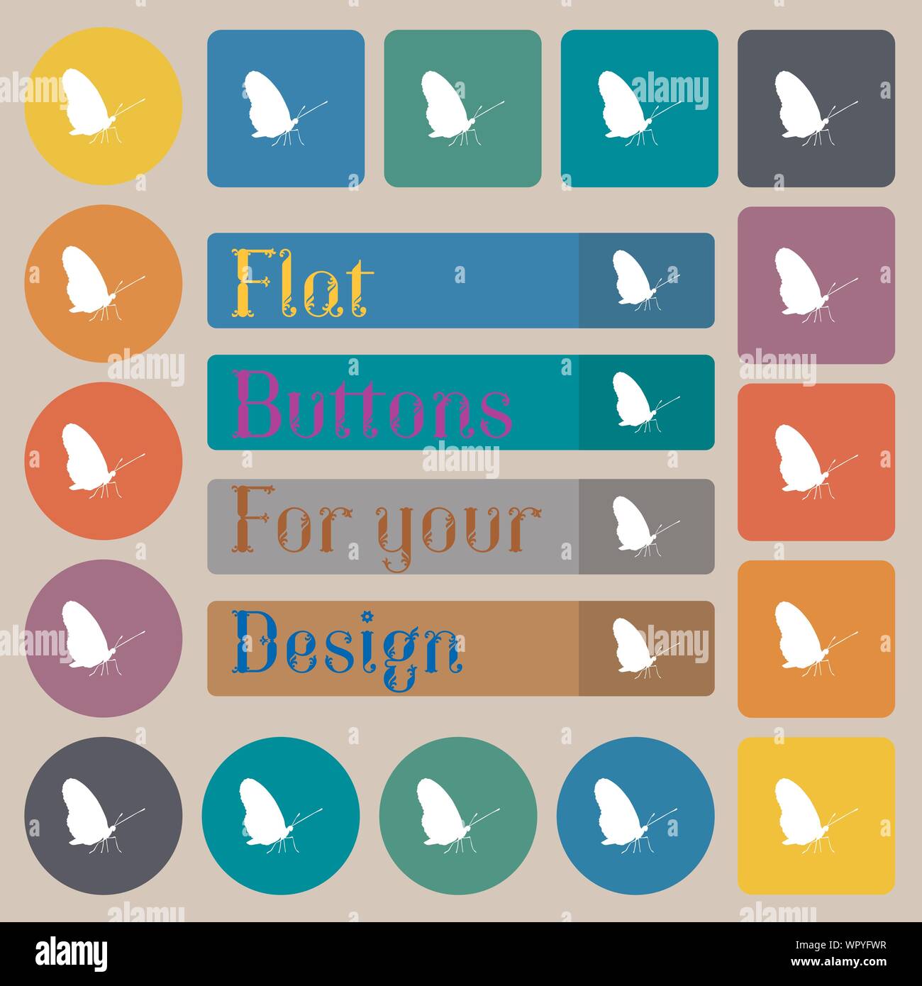 butterfly icon sign. Set of twenty colored flat, round, square and ...