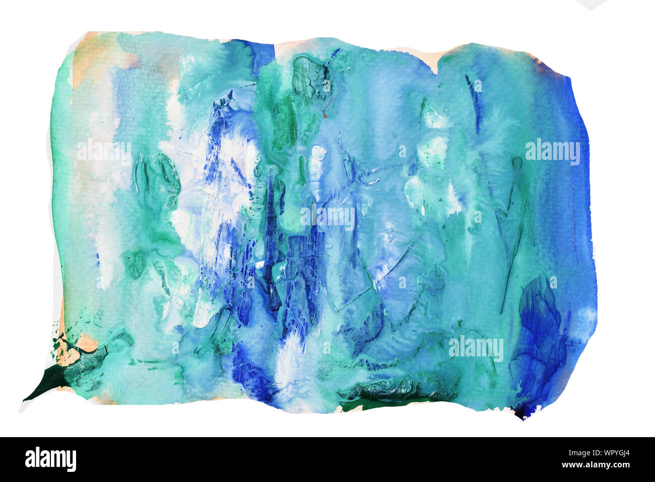 Blue and white stains flow on green surface , Abstract background and illustration from acrylic color painting Stock Photo
