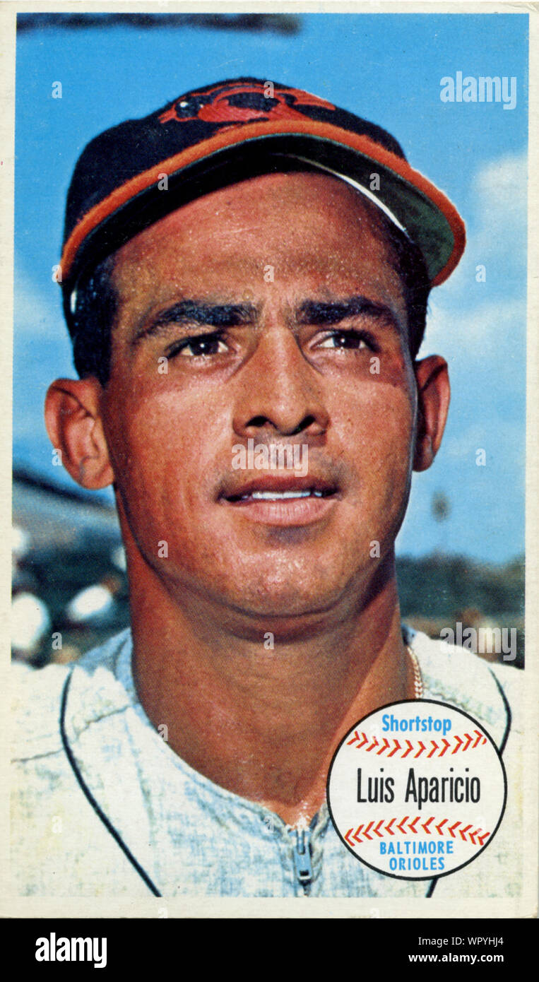 1960's era baseball card of Hall of fame player Luis Aparicio with the Baltimore Orioles. Stock Photo