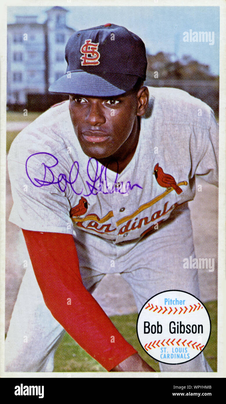 Autographed 1960's era baseball card of Hall of Fame pitcher Bob Gibson with the St. Louis Cardinals. Stock Photo