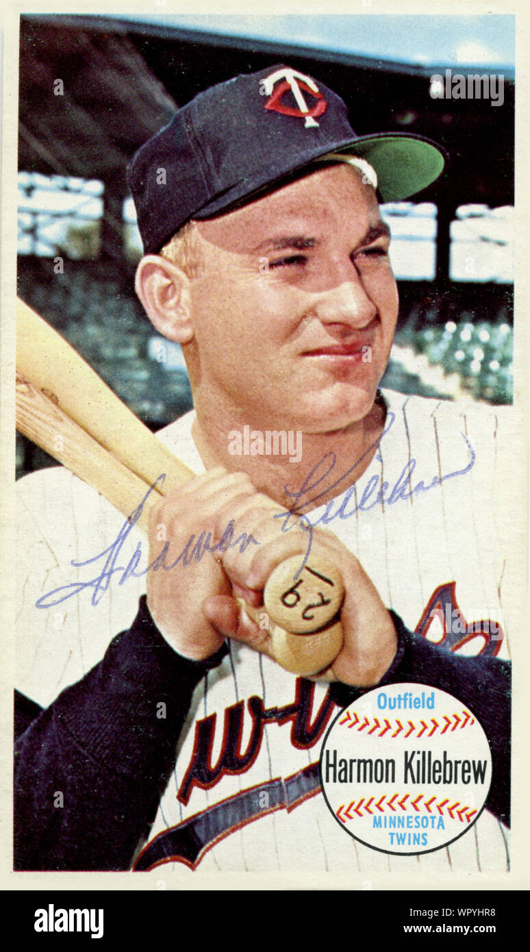 Autographed 1960's era  baseball card of Hall of fame player Harmon Killebrew with the Minnesota Twins. Stock Photo
