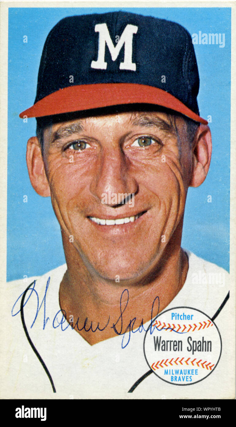 Autographed 1960's era baseball card of Hall of Fame pitcher Warren Spahn with the Milwaukee Braves. Stock Photo