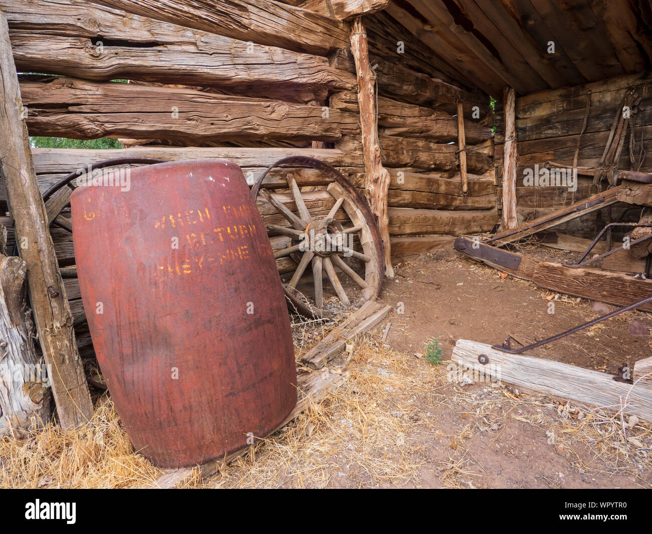 Barrel and wagon wheel in the corral area, John Jarvie Historic